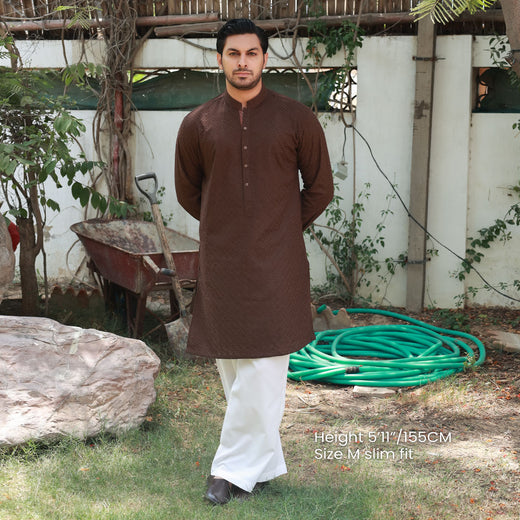 Coffee Brown Schiffli Cotton Slim Fit Kurta