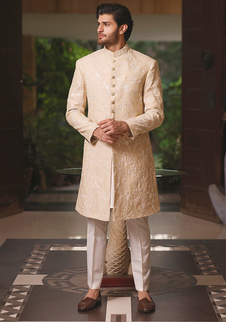 Cotton Net  Beige Traditional Slightly Defected Embroidered Sherwani