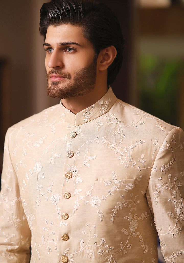Cotton Net  Beige Traditional Slightly Defected Embroidered Sherwani