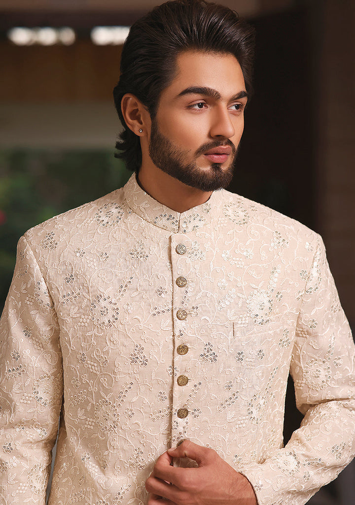 Cotton Net Cream Traditional Slightly Defected Embroidered Sherwani