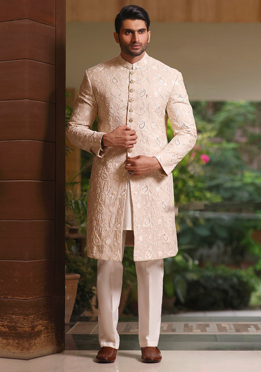 Cotton Net Cream Traditional Slightly Defected Sherwani