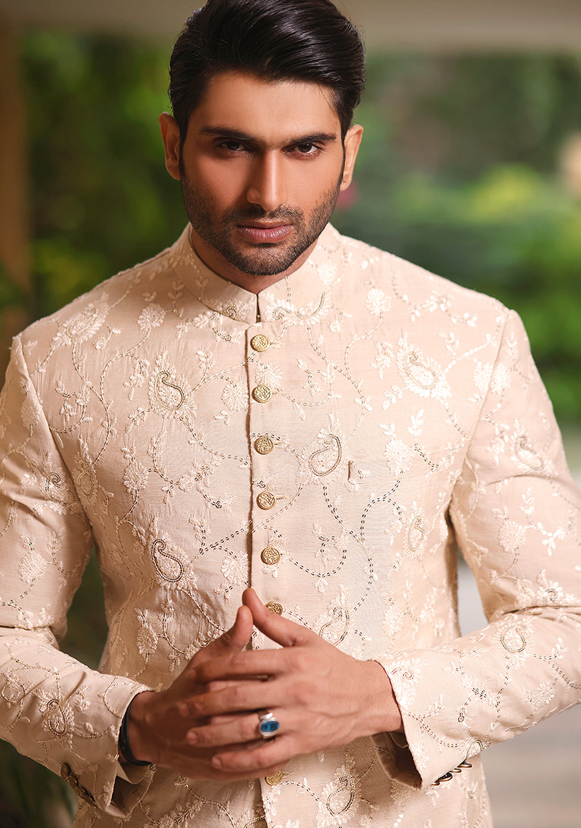 Cotton Net Cream Traditional Slightly Defected Sherwani