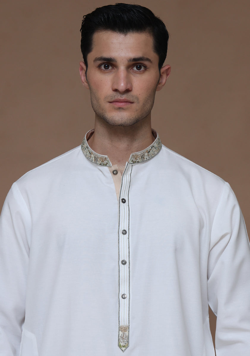 Cotton Silk Cloud Dancer Classic Fit Embroidered Suit