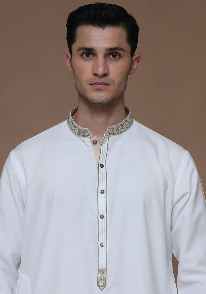 Cotton Silk Cloud Dancer Classic Fit Embroidered Suit