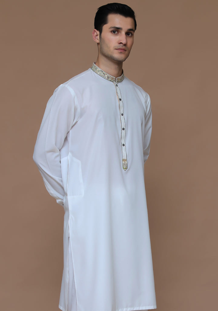 Cotton Silk Cloud Dancer Classic Fit Embroidered Suit