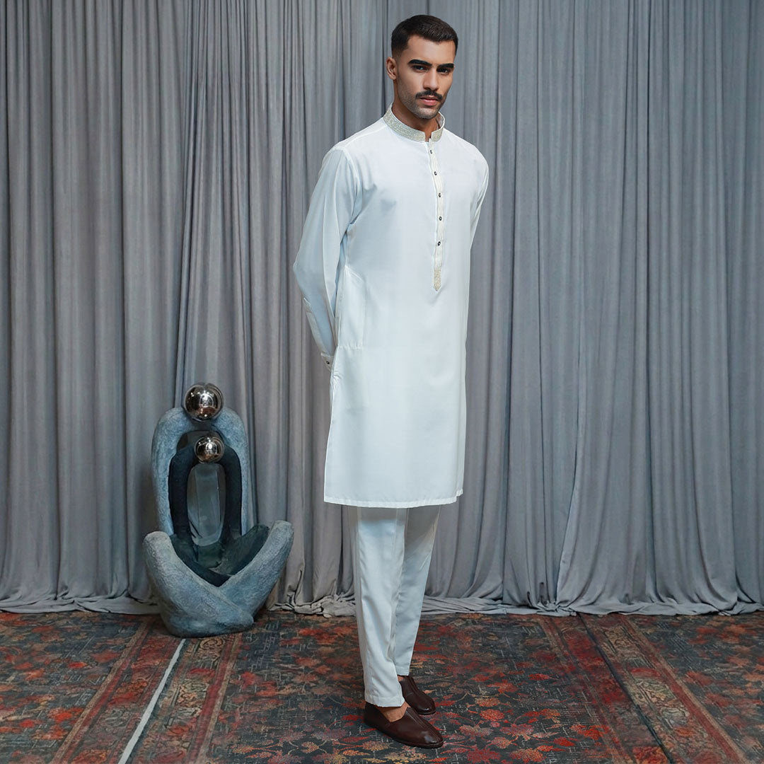 Cotton Silk Cloud Dancer Slim Fit Emb Suit