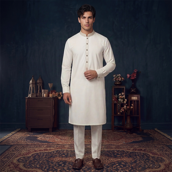 Cotton Silk Cloud Dancer Slim Fit Emb Slightly Defected Suit