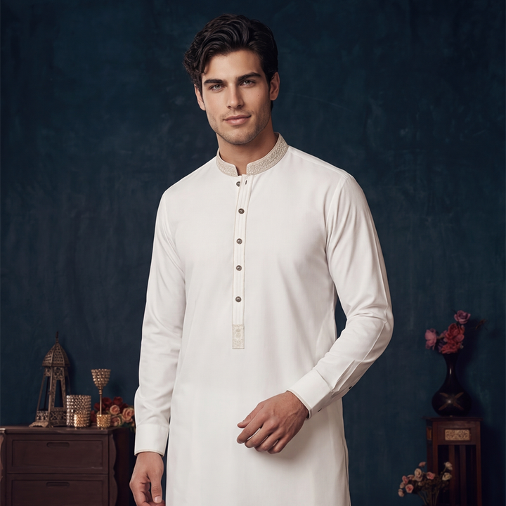 Cotton Silk Cloud Dancer Slim Fit Emb Slightly Defected Suit