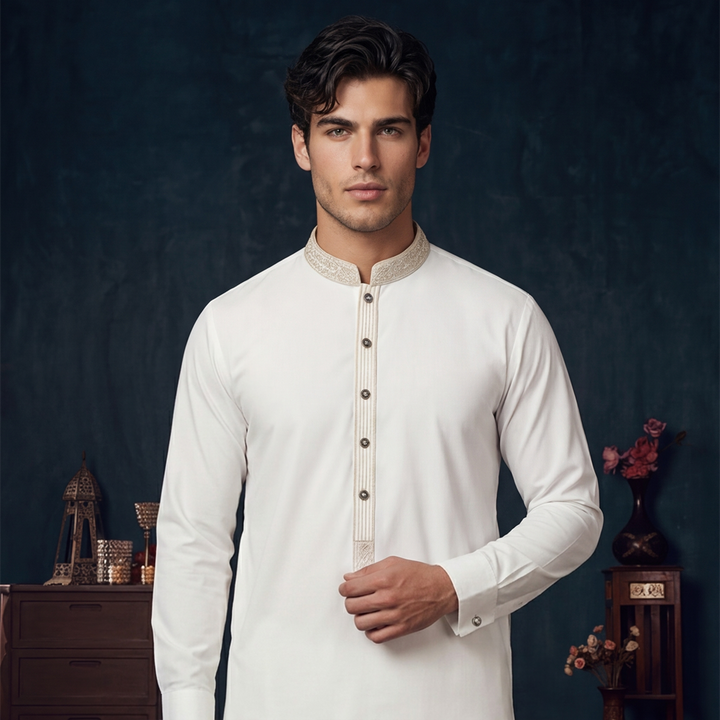Cotton Silk Cloud Dancer Slim Fit Emb Slightly Defected Suit