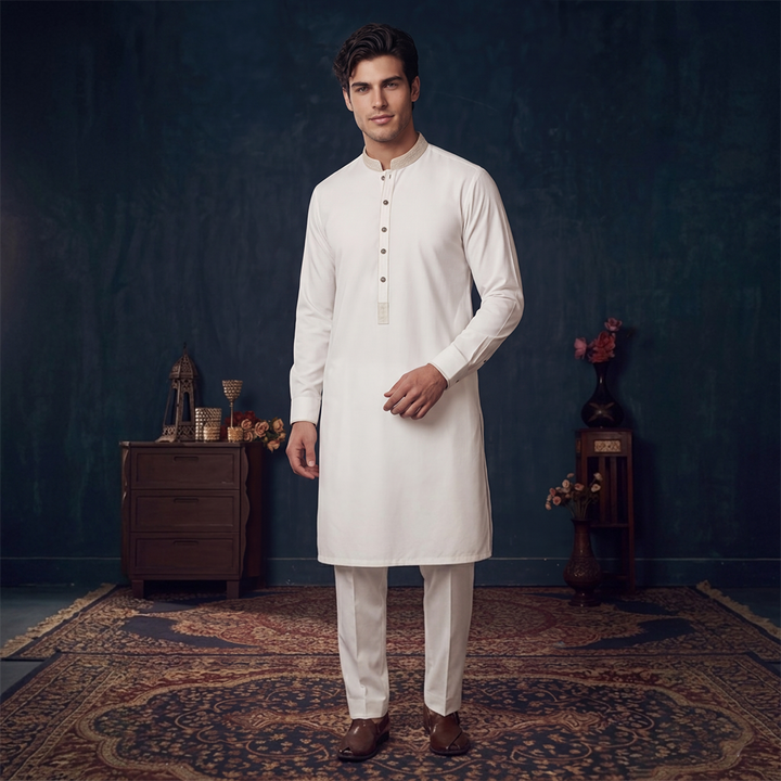 Cotton Silk Cloud Dancer Slim Fit Emb Slightly Defected Suit