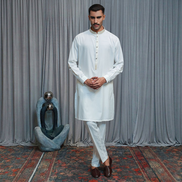 Cotton Silk Cloud Dancer Slim Fit Emb Suit