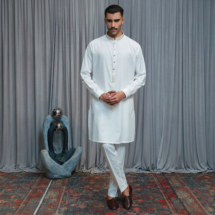 Cotton Silk Cloud Dancer Slim Fit Emb Suit