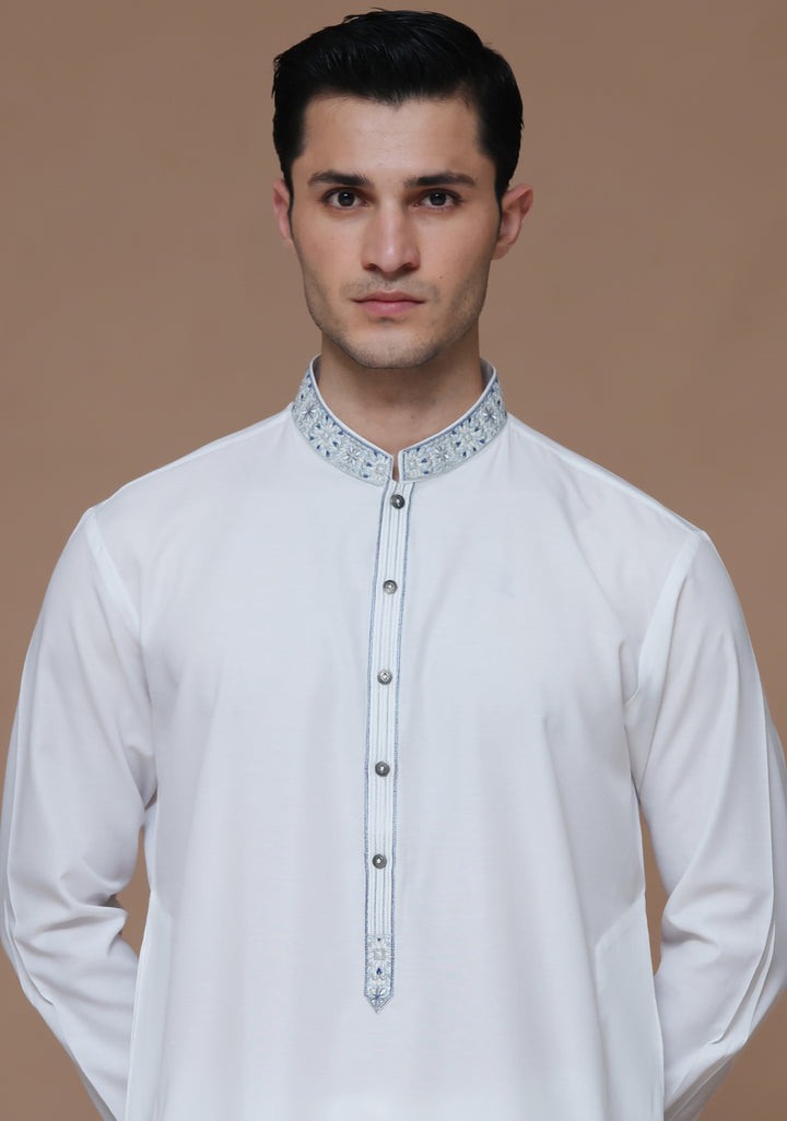 Cotton Silk Cloud Dancer Slim Fit Emb Slightly Defected Suit