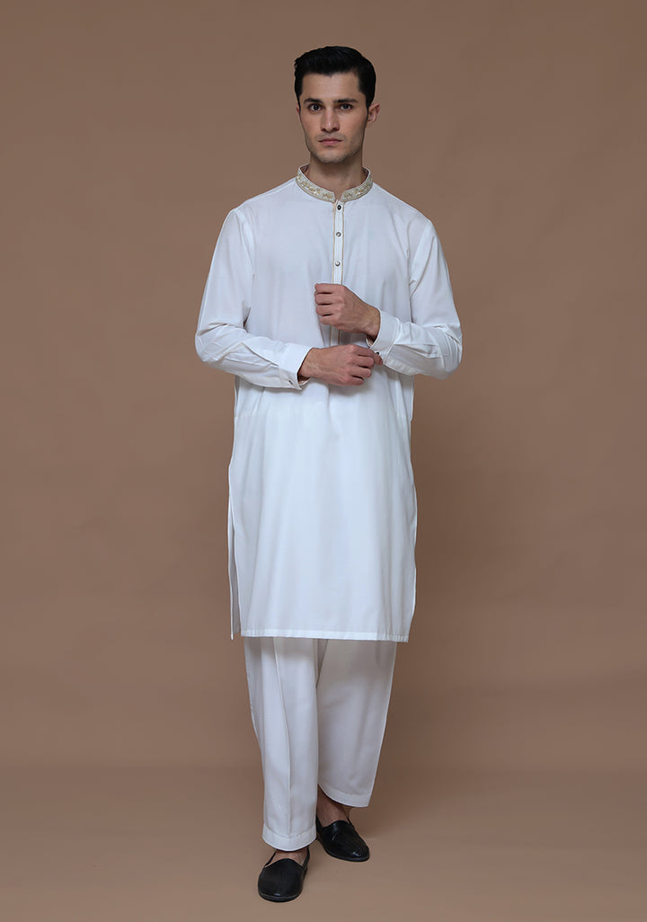 Cotton Silk Cloud Dancer Slim Fit Embroidered Suit