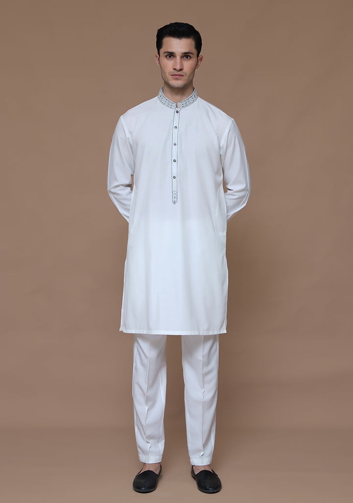 Cotton Silk Cloud Dancer Slim Fit Emb Slightly Defected Suit