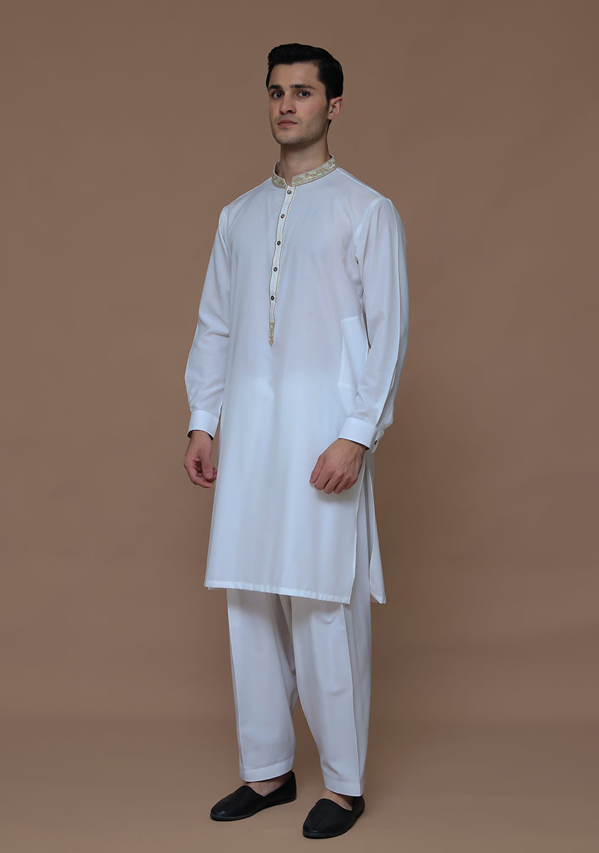 Cotton Silk Cloud Dancer Slim Fit Embroidered Suit