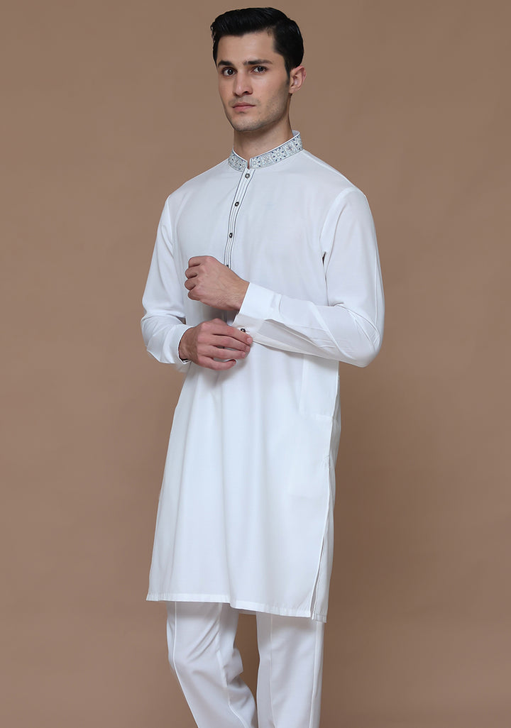 Cotton Silk Cloud Dancer Slim Fit Emb Slightly Defected Suit