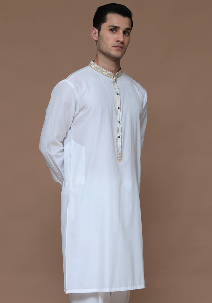 Cotton Silk Cloud Dancer Slim Fit Embroidered Suit