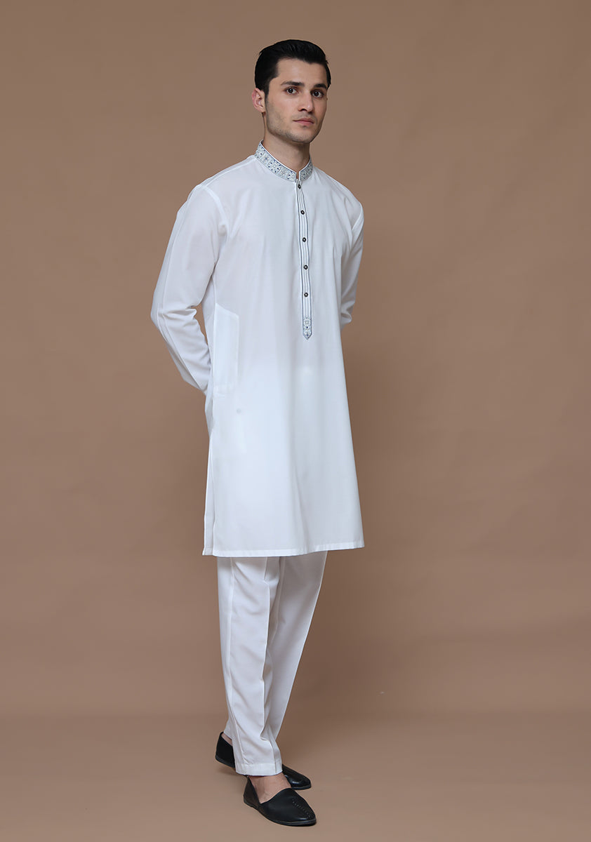 Cotton Silk Cloud Dancer Slim Fit Emb Slightly Defected Suit