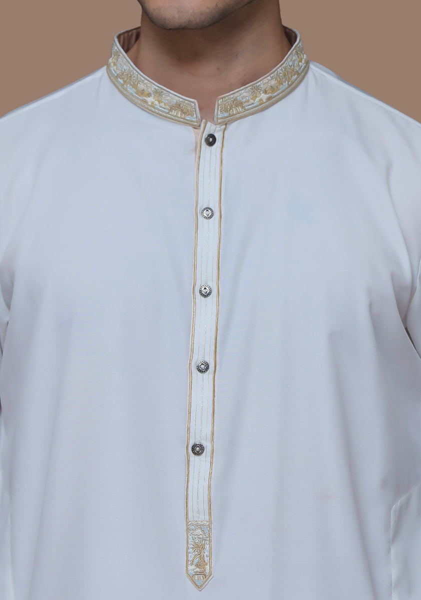 Cotton Silk Cloud Dancer Slim Fit Embroidered Suit