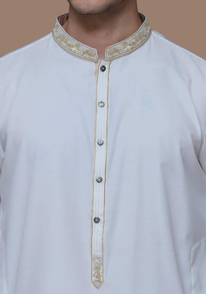 Cotton Silk Cloud Dancer Slim Fit Embroidered Suit