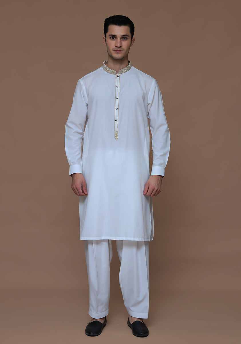 Cotton Silk Cloud Dancer Slim Fit Embroidered Suit