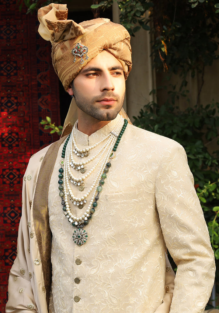 Cotton Net  Beige Traditional Slightly Defected Embroidered Sherwani