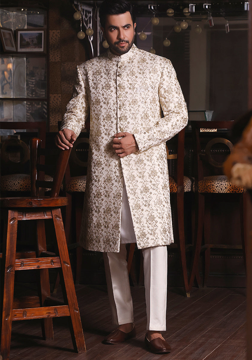 Cream Cotton Net Traditional Slightly Defected Embroidered Sherwani