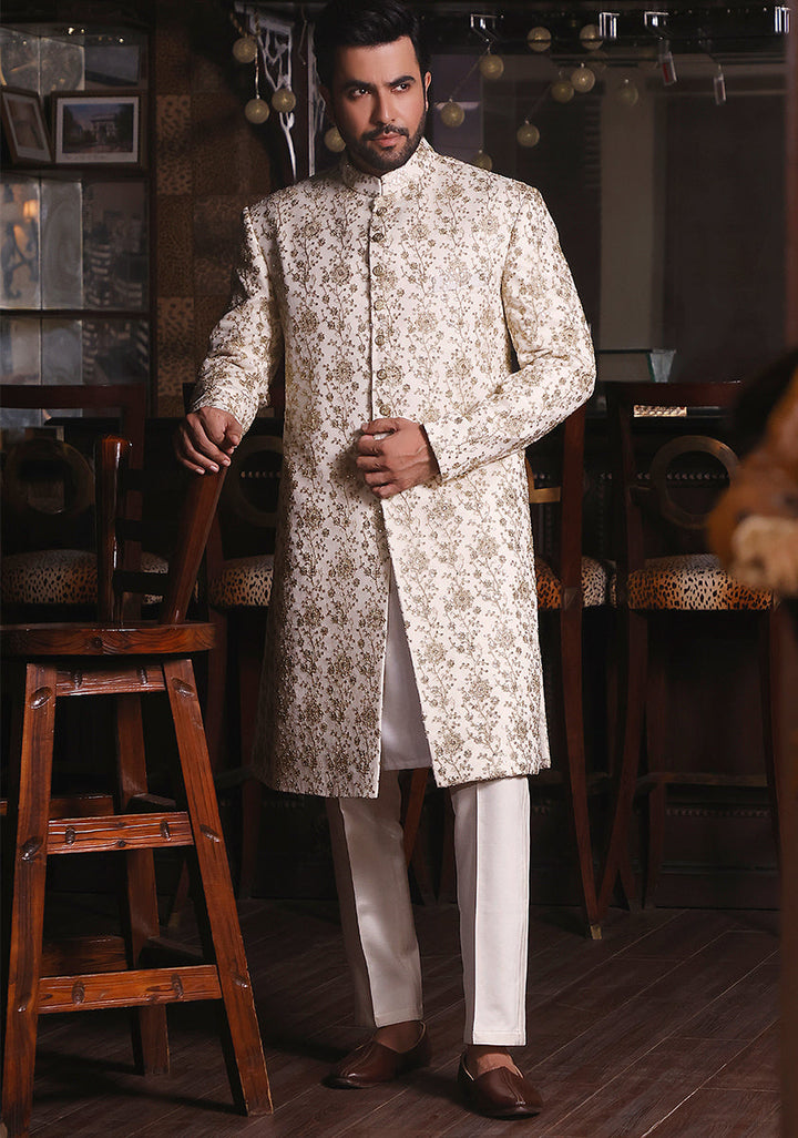 Cream Cotton Net Traditional Slightly Defected Embroidered Sherwani