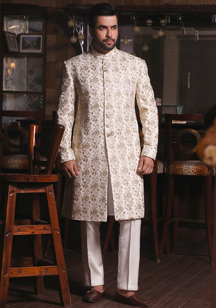 Cream Cotton Net Traditional Slightly Defected Embroidered Sherwani