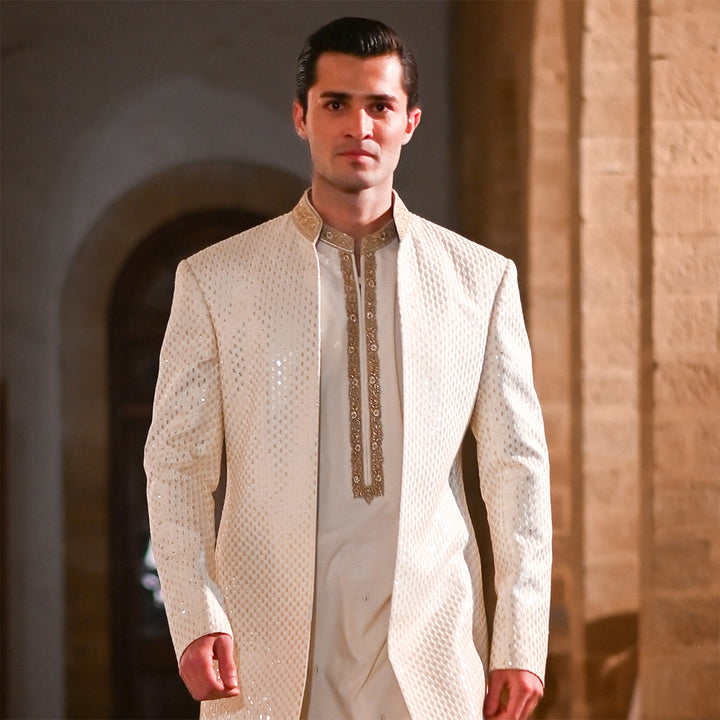 Cream Satin Silk Open-Front Sherwani With Leaf Embroidery