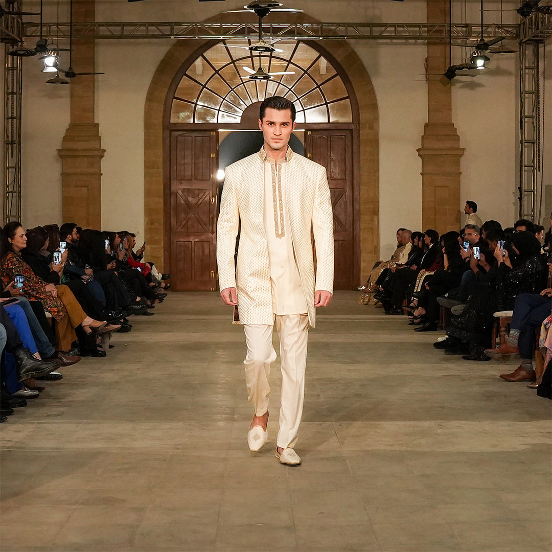 Cream Satin Silk Open-Front Sherwani With Leaf Embroidery