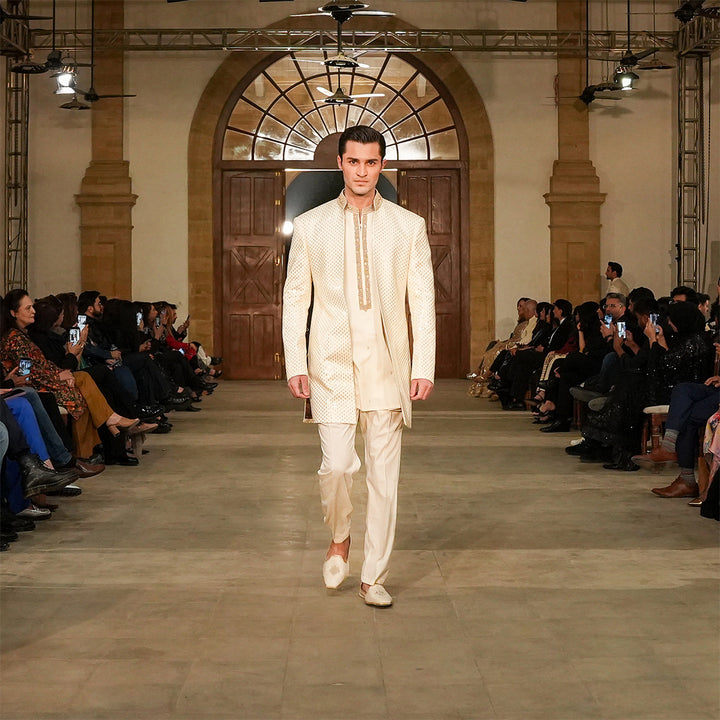 Cream Satin Silk Open-Front Sherwani With Leaf Embroidery