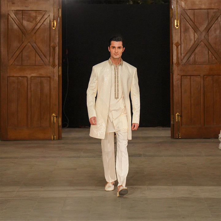Cream Satin Silk Open-Front Sherwani With Leaf Embroidery