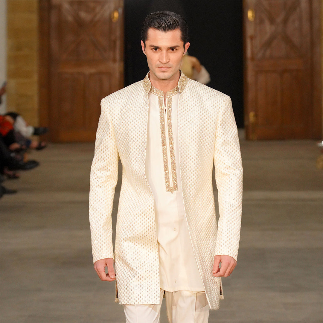 Cream Satin Silk Open-Front Sherwani With Leaf Embroidery