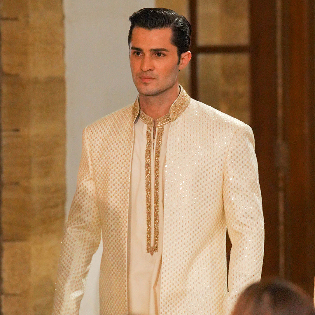 Cream Satin Silk Open-Front Sherwani With Leaf Embroidery
