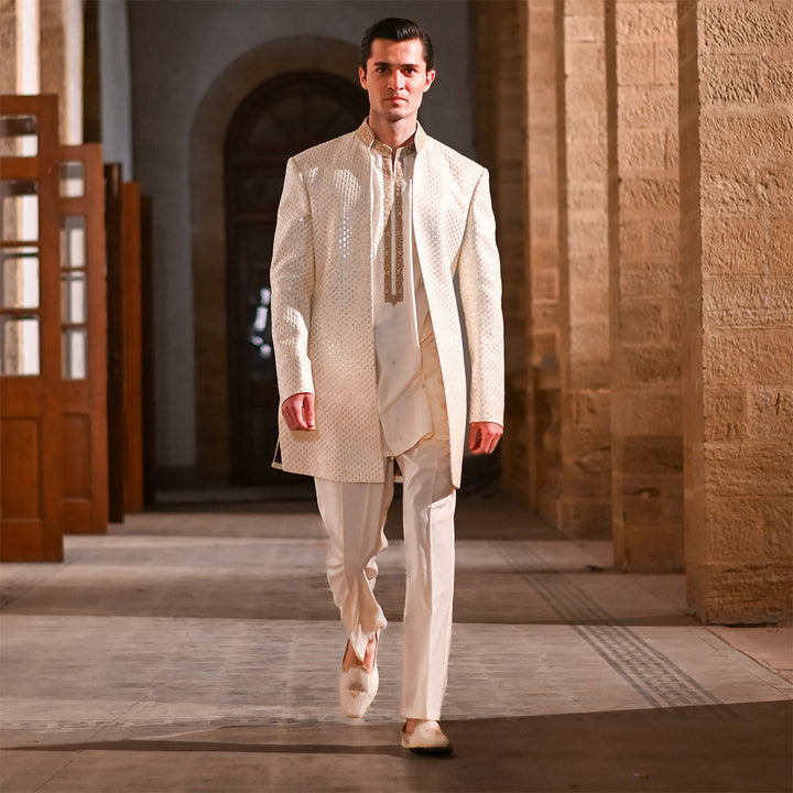 Cream Satin Silk Open-Front Sherwani With Leaf Embroidery