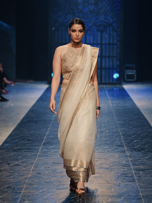 Gold Embroidered Halter Top with Net Sari
