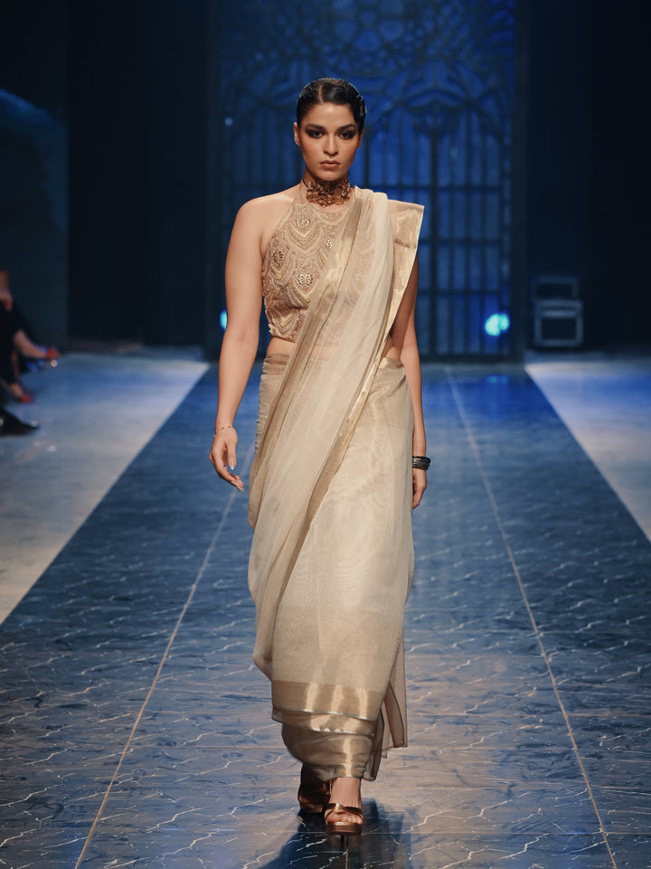 Gold Embroidered Halter Top with Net Sari