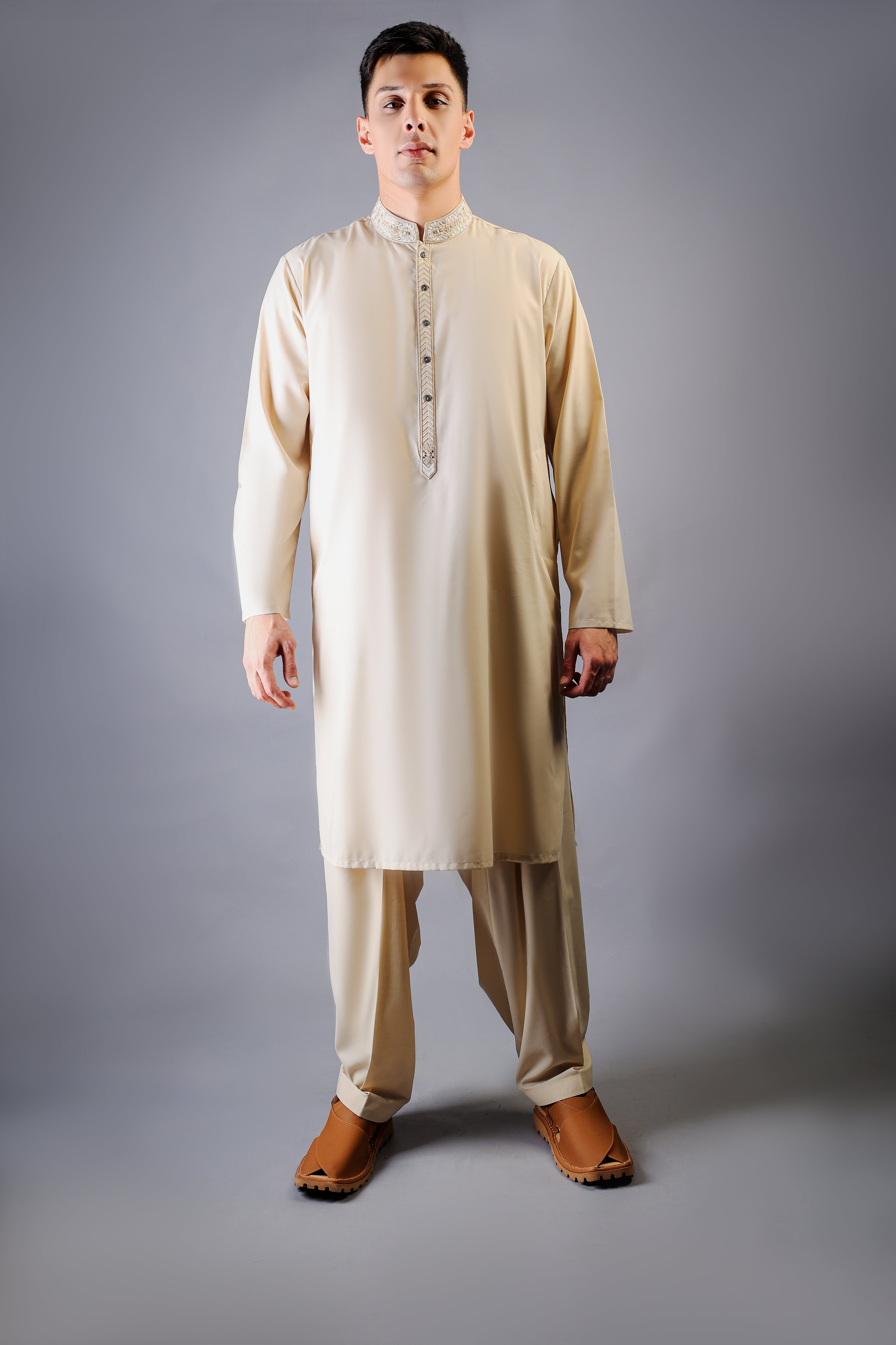 Classic Poly Viscose Creme Burlee Classic Fit Embroidered Suit