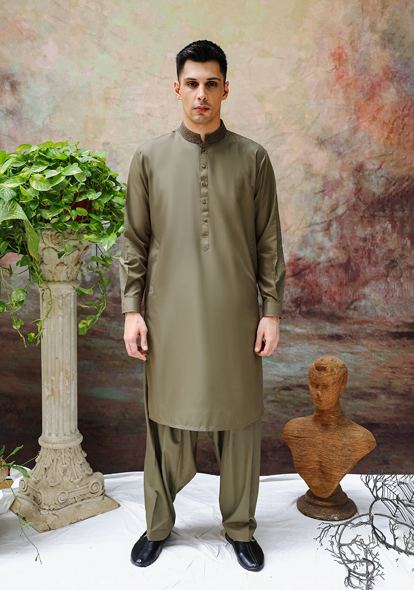 Basic Poly Viscose Stone Grey Classic Fit Embroidered Suit