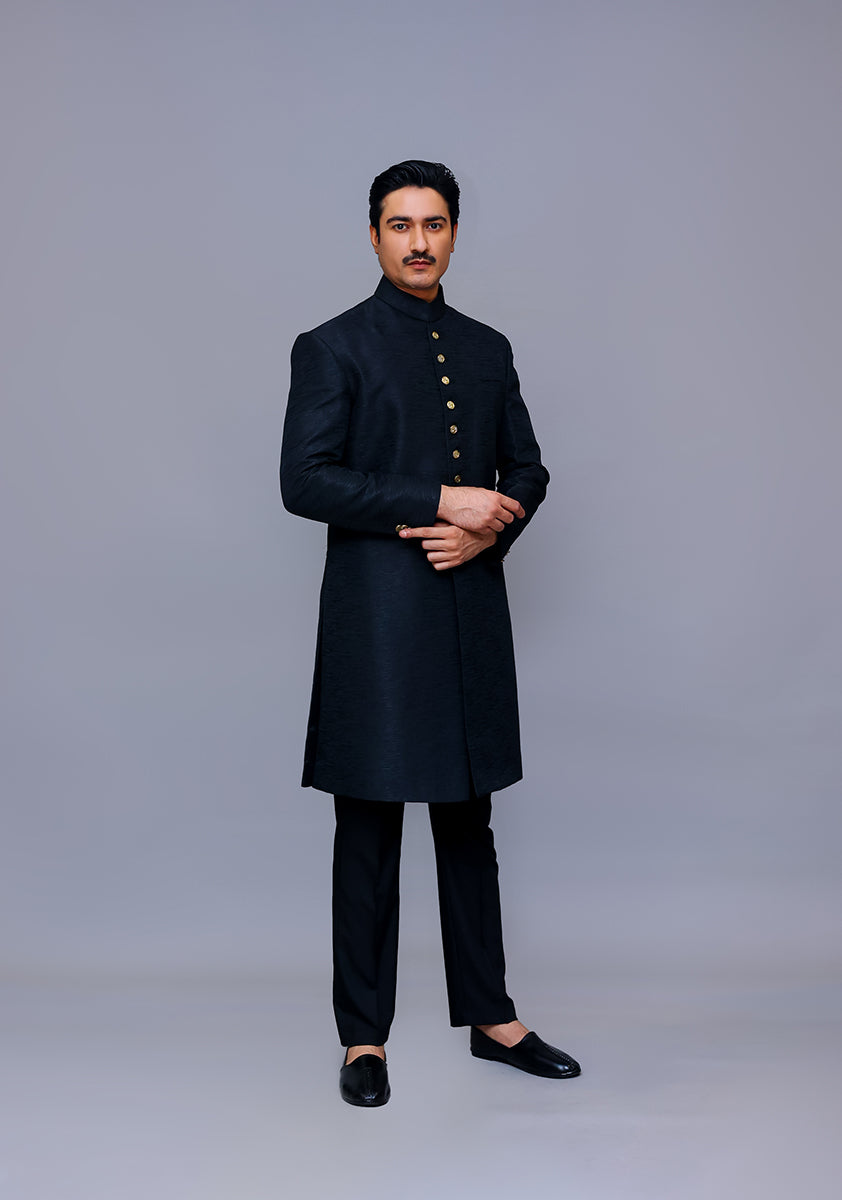 Premium Kambal Jamawar Pirate Black Traditional Sherwani