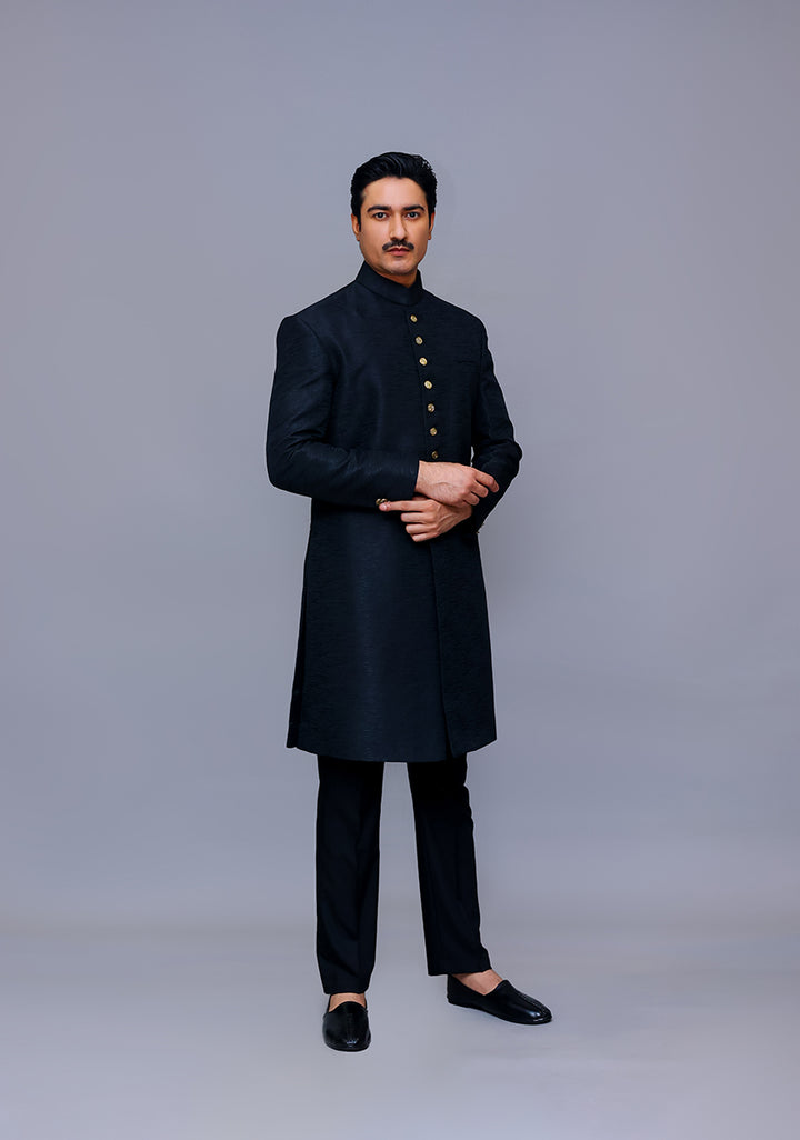 Premium Kambal Jamawar Pirate Black Traditional Sherwani