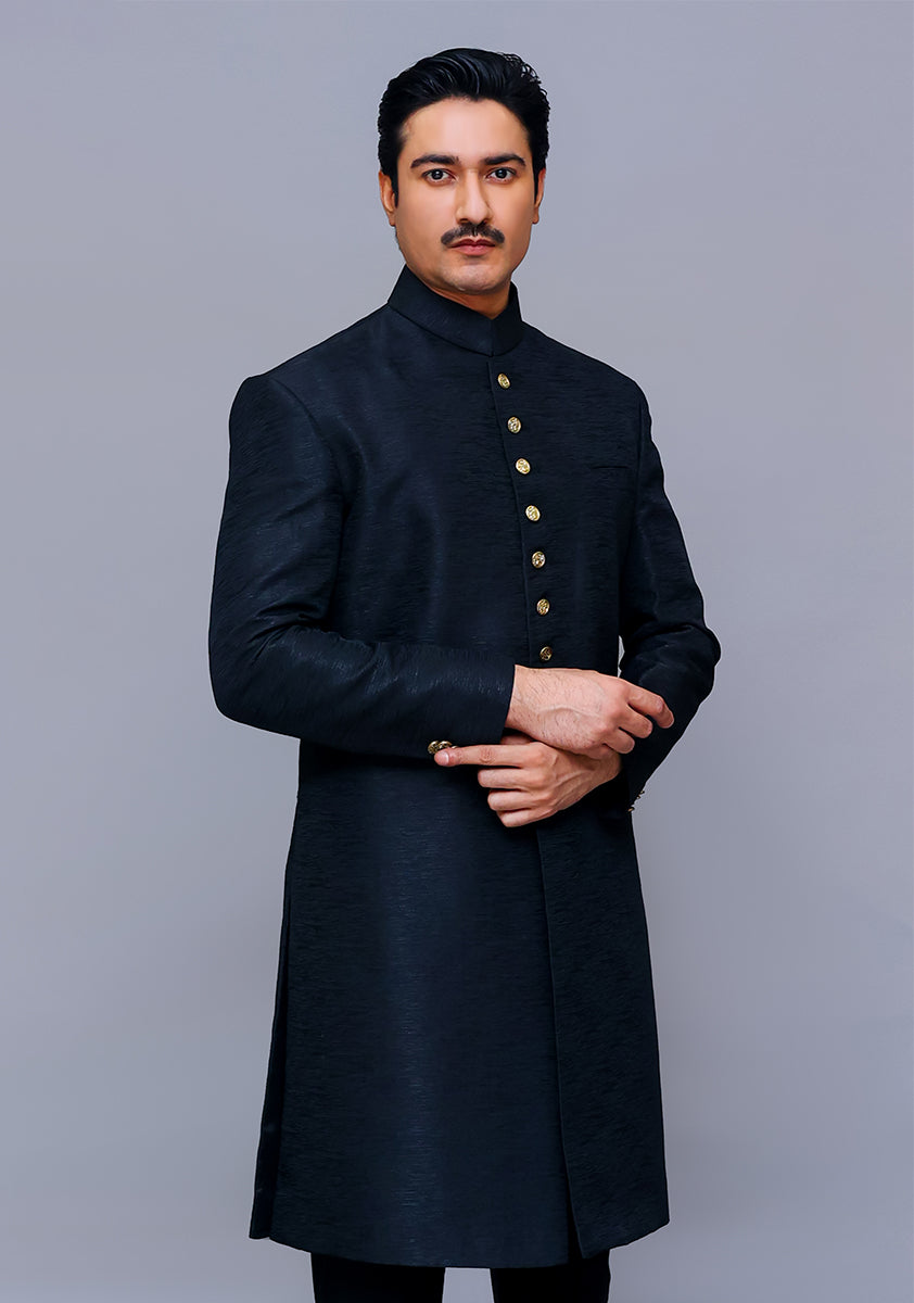 Premium Kambal Jamawar Pirate Black Traditional Sherwani