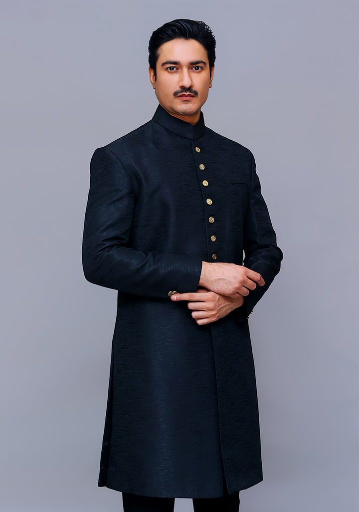 Premium Kambal Jamawar Pirate Black Traditional Sherwani