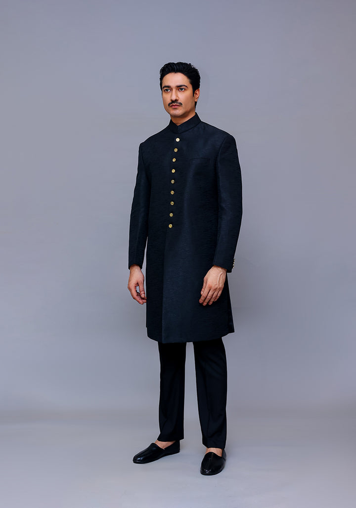 Premium Kambal Jamawar Pirate Black Traditional Sherwani