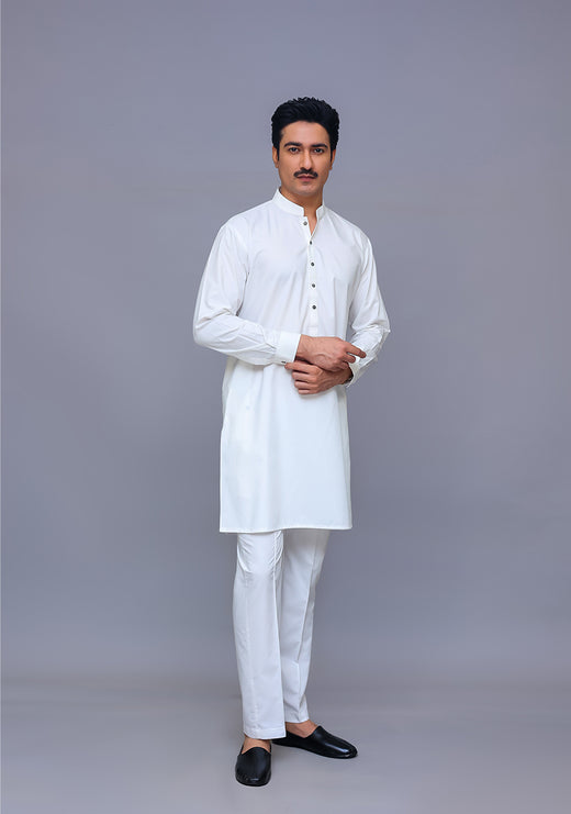 PV Maluki Bright White Slim Fit Plain Kurta Pajama