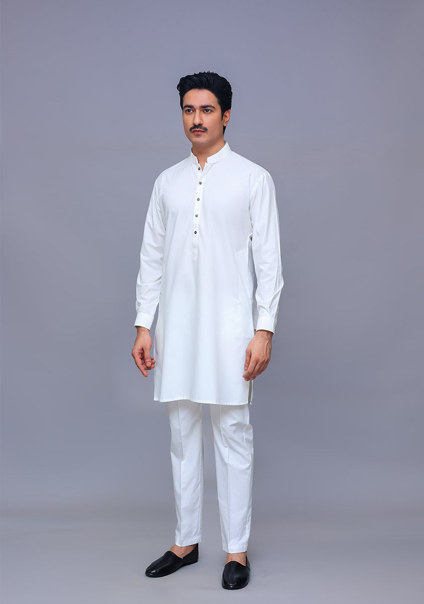 PV Maluki Bright White Slim Fit Plain Kurta Pajama
