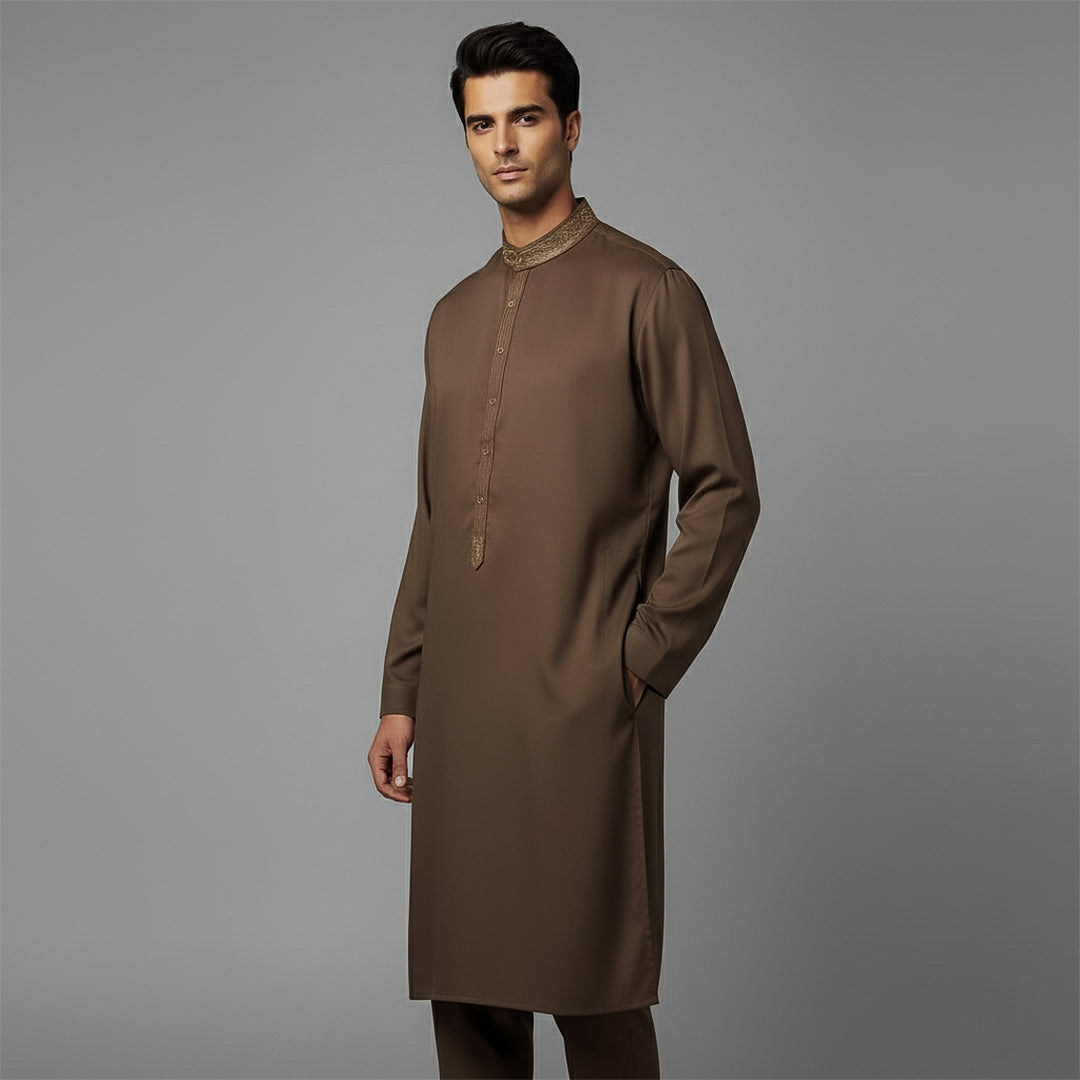 Poly Viscose Cocoa Brown Classic Fit Embroidered Suit