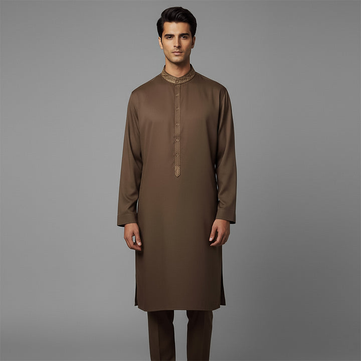 Poly Viscose Cocoa Brown Classic Fit Embroidered Suit